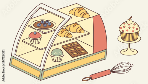 Bakery display case with sweet pastries, cupcakes, croissants, chocolate, and desserts vector illustration