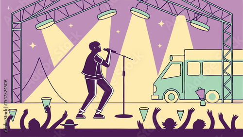 Solo singer performing on stage at a music concert or festival. Cheering audience and bright stage lights. Flat vector illustration.