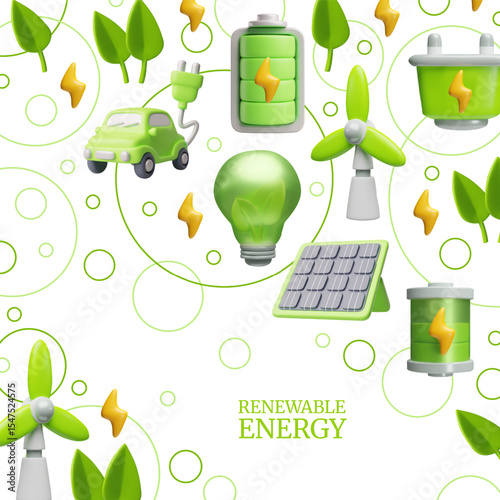 Renewable green energy 3D cartoon plastic style vector poster design, solar panel, electric car, windmill, clean power