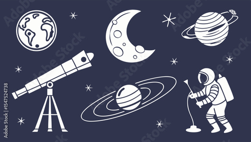 Space Exploration Astronomy Elements Set with Astronaut Telescope Planets Moon Stars Universe Science Vector Illustration
