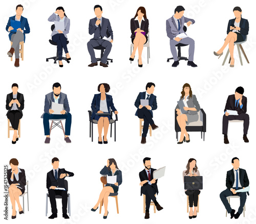 Business people sitting, men and women sit on armchair, office chair, front, side view. Vector illustration black on transparent background. Icons set, bundle.