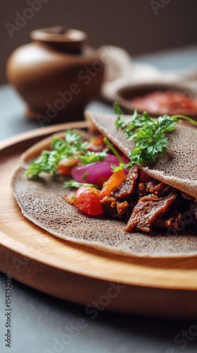 Close up of Ethiopian traditional dish injera with meat and sauces on wooden plate, textured surface, vibrant food contrast, soft light