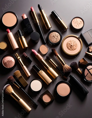 Flat lay of high-end makeup items including brush, compact, and lipstick, minimal arrangement