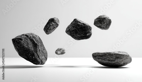 Floating dark gray stones against a plain white background