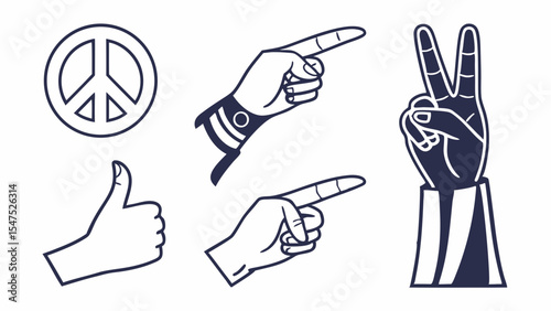 Collection of vector hand gestures including thumbs up, pointing finger, peace sign symbol, victory V sign.