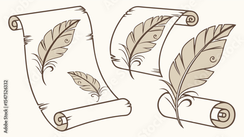 Vintage parchment scrolls and feather quills vector illustration for writing, history, literature, and education