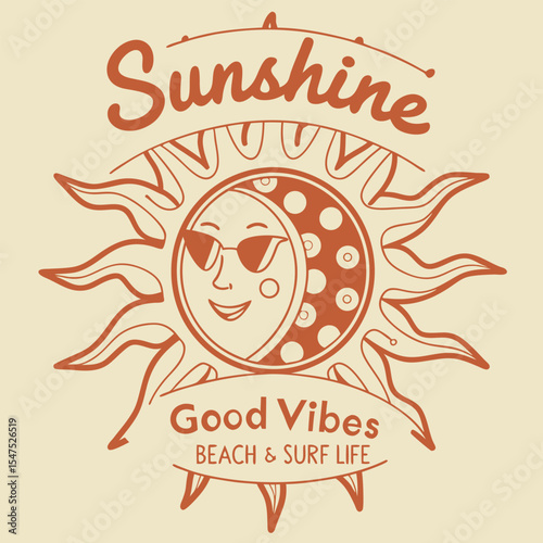 Distressed terracotta sun moon graphic tshirt design featuring sunglasses good vibes beach surf life text