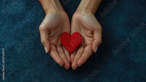 Two hands gently hold a textured red heart against a dark background, symbolizing love and care.
