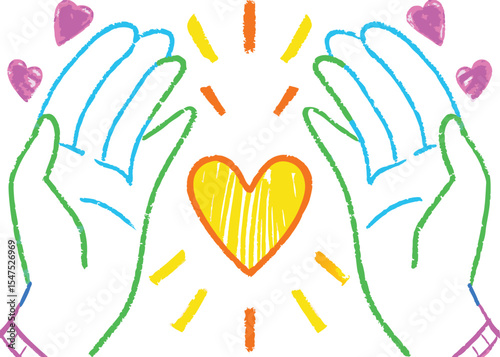 Colorful vector illustration of diverse hands forming a heart, symbolizing love, teamwork, and friendship
