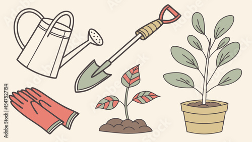 Gardening tools and plants hand drawn illustration set. Watering can, shovel, gloves, growing plants.