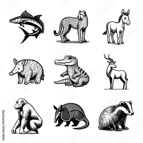 Various types of animal bundle silhouette line art on isolated white background

