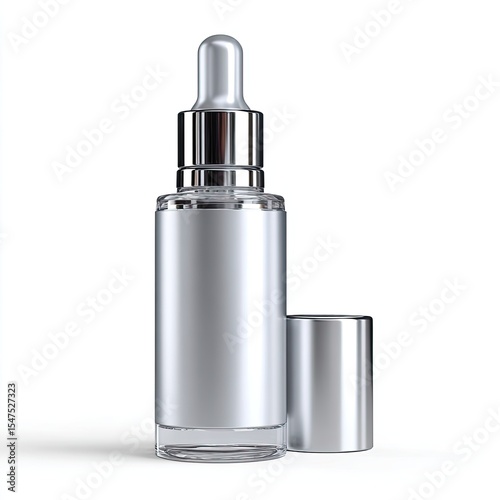 Modern, elegant dropper bottle.  Clear,  metallic silver accents.  Empty, ready for branding