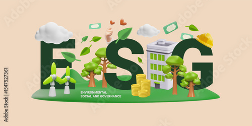 Environmental social and governance, ESG typographic 3D cartoon plastic style vector banner design, eco-friendly symbols