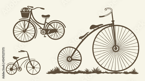 Vintage Retro Antique Bicycles Collection Illustration Drawing Set Adult Child Penny Farthing Graphic