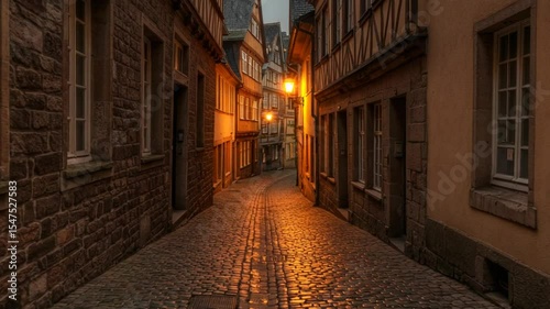 Serene cobblestone street illuminated by warm streetlights at dusk
