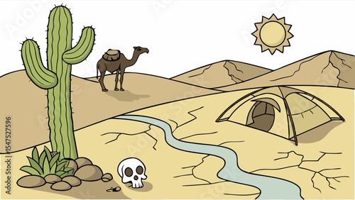 Desert landscape with camel, tent, and cactus. Arid scene with hot sun, dry riverbed. Travel, adventure, survival.