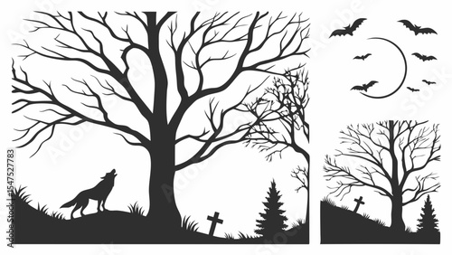 Spooky Halloween night silhouette background with howling wolf, bare tree, cemetery, moon, and bats