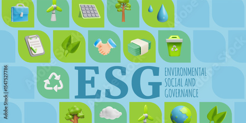 Environmental social and governance 3D cartoon plastic style vector banner design, green energy and eco-friendly symbols
