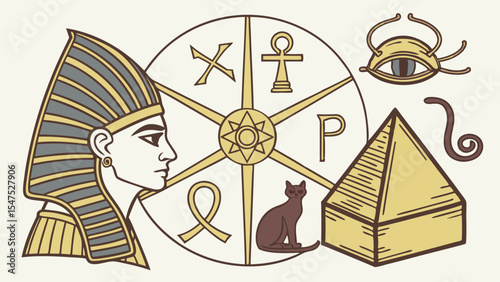 Ancient Egyptian Esoteric Symbols Pharaoh Pyramid Eye Ankh Cat Snake Mystical Illustration Vector Art