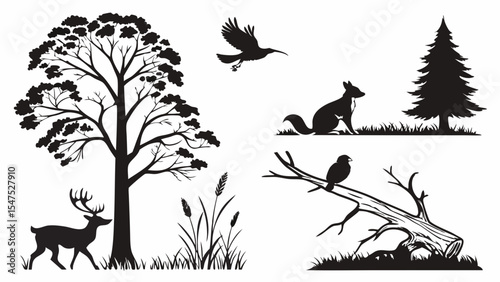 Forest nature wildlife silhouette set. Animals deer fox bird tree outdoors black and white vector illustration.