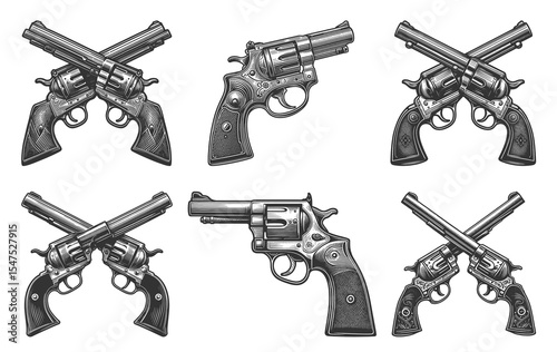 revolver pistol Set collection bundle sketch engraving generative ai raster illustration. Scratch board imitation. Black and white image.