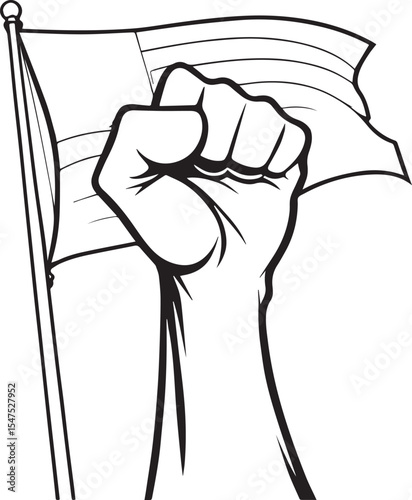 Raised fist with waving flag. Black and white illustration symbolizing protest, solidarity, power, revolution, or political activism