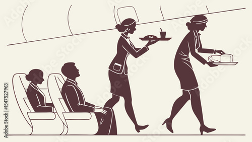 Professional flight attendants serving food and drinks to passengers on a plane