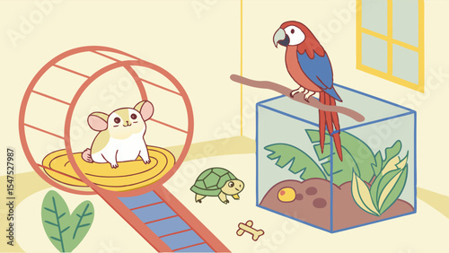 Adorable cartoon pets hamster parrot turtle together indoors friendly animal friends vector illustration