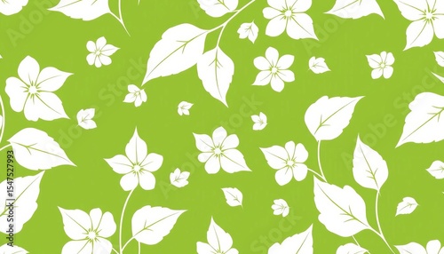 Elegant white floral leaf silhouettes on a vibrant green background, creating a seamless vector pattern,  illustration,  clean