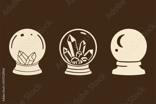Minimalist Crystal Ball Illustrations on a Chocolate Brown Background – Perfect for Mystical and Spiritual Themes

