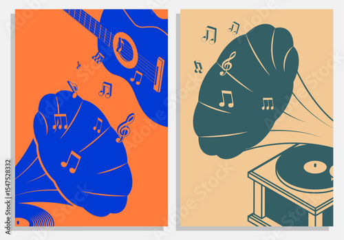 Advertising presentation of a concert with gramophone and large metal horn and base, rotating platform for vinyl. Minimalist classical guitar music evening vector flyer templates
