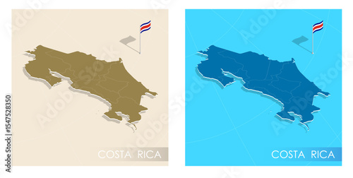 Costa Rica country flag installed on geographic positioning map point of country territory. Costa Rica commonwealth banner on land and sea. Festive patriotic HD format template for independence day
