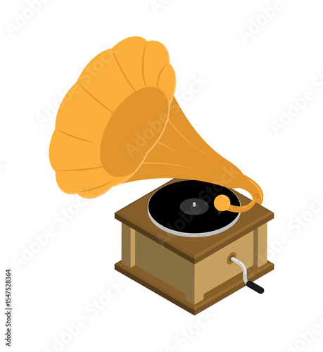 Isometric Classic gramophone, old device for playing sound recordings. Large metal horn and base, rotating platform for vinyl. Realistic 3D vector concept isolated on white background