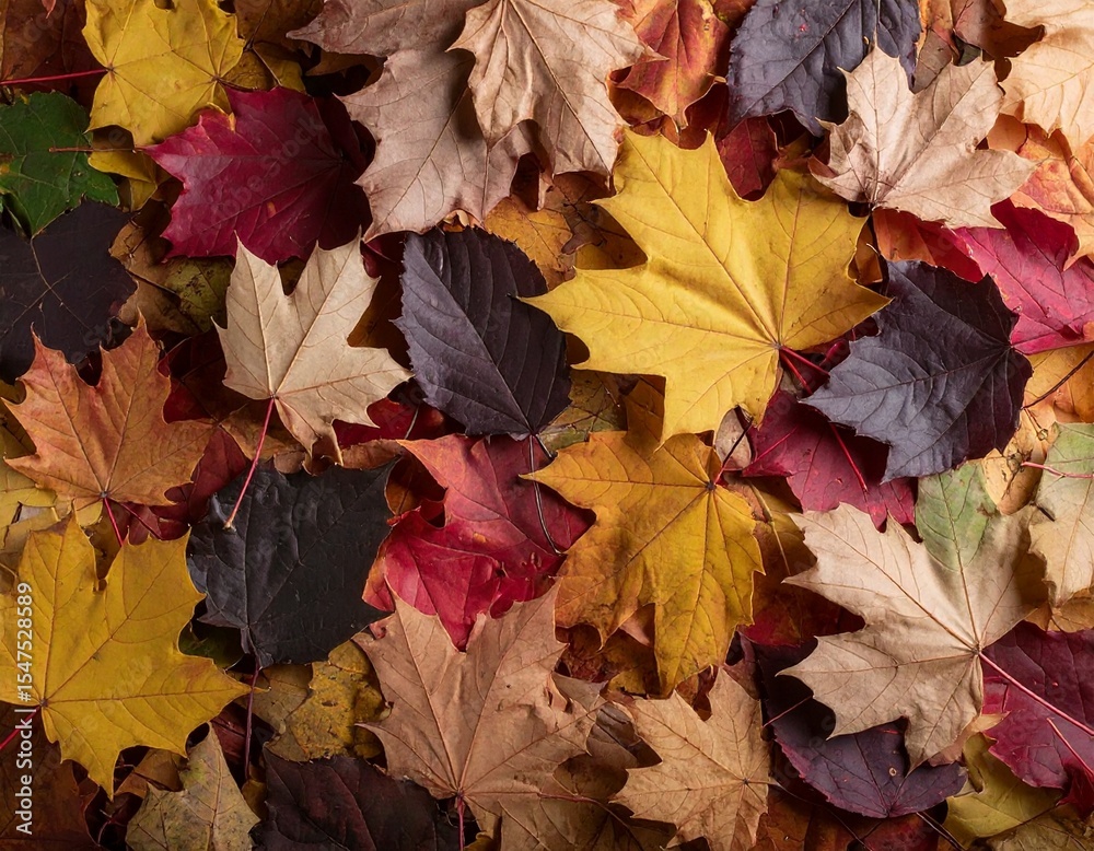 Fototapeta premium Flat lay of colorful autumn leaves in vibrant red, orange, yellow, and brown tones scattered for seasonal display