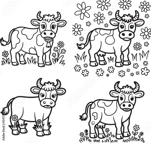cute cow silhouettes set coloring page isolated on transparent background