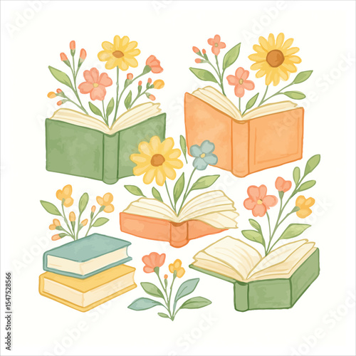 Whimsical Watercolor Books and Blossoms A Charming Illustration of Literary Delight and Floral Beauty in Soft Pastel Hues