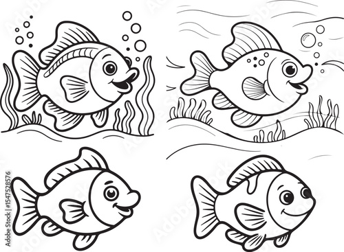 cute cartoon fish silhouettes set isolated on transparent background