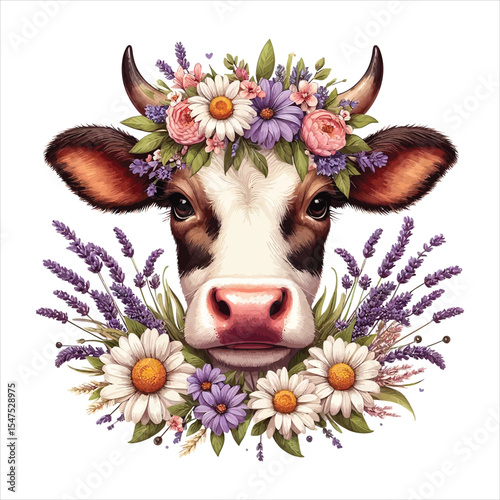 Floral Cow Portrait A Charming Watercolor Illustration of a Cow Adorned with a Beautiful Arrangement of Flowers and Lavender