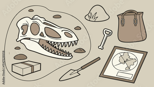 Dinosaur Fossil Skull Excavation Site with Archaeology Tools and Map