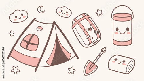Kawaii Cute Cartoon Camping Gear Vector Illustration Set Tent Backpack Bucket Shovel Blanket Moon Stars