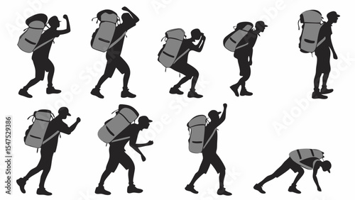 Set of silhouette people carrying heavy backpacks in various poses representing travel hiking effort struggle and burden