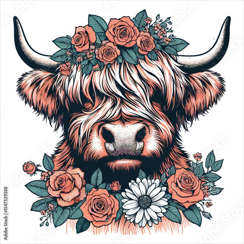 Floral Highland Cow Illustration Whimsical Animal Artwork with Roses and Greenery A Charming Portrait