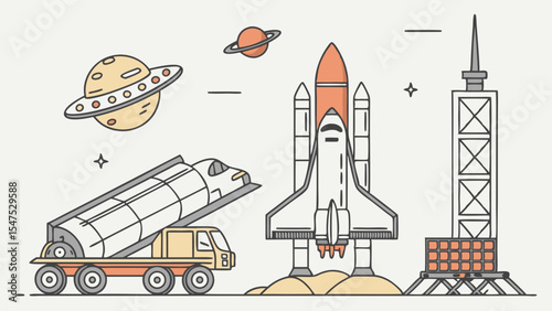 Space rocket launch site preparation illustration. Shuttle, transport vehicle, tower, planets, flat design.