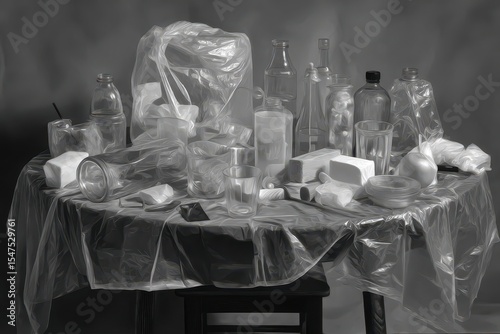 Still life of assorted glass and plastic objects on a table, draped in plastic bags
