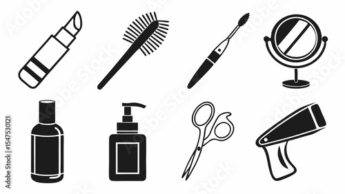 Beauty makeup hair care tools accessories products simple black and white icon set