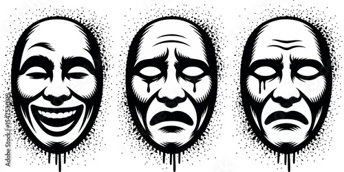  Three theatrical masks are depicted in this image. They represent different emotions.