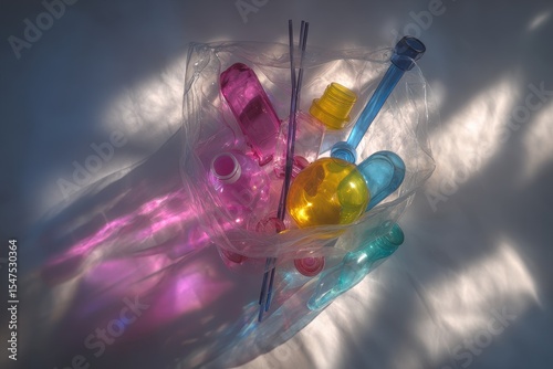 Plastic waste in a clear bag, colored plastic bottles and lids, sunlight