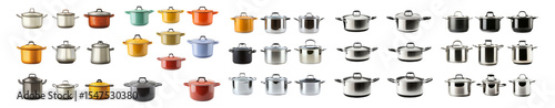Various Cooking Pots and Cookware in Different Colors and Styles, Isolated on Transparent, white background