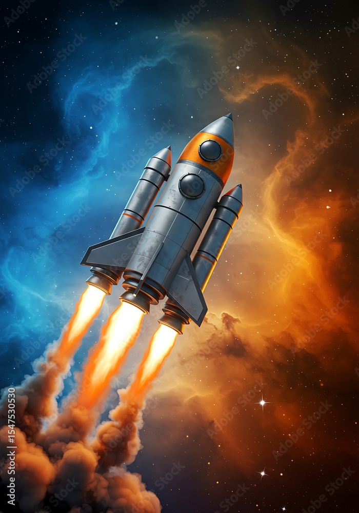 Obraz premium A futuristic rocket ship soaring through the vibrant nebula of outer space