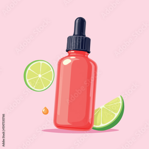 Vsai red cosmetic bottle with dropper and lime slices floating on pink background